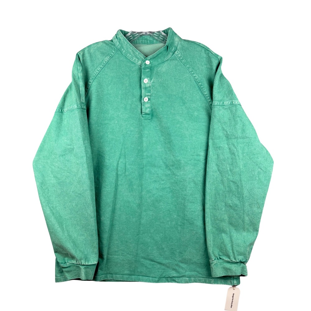 Mens Large Green 100% Cotton Raglan Henley Long Sleeve Pullover Shirt